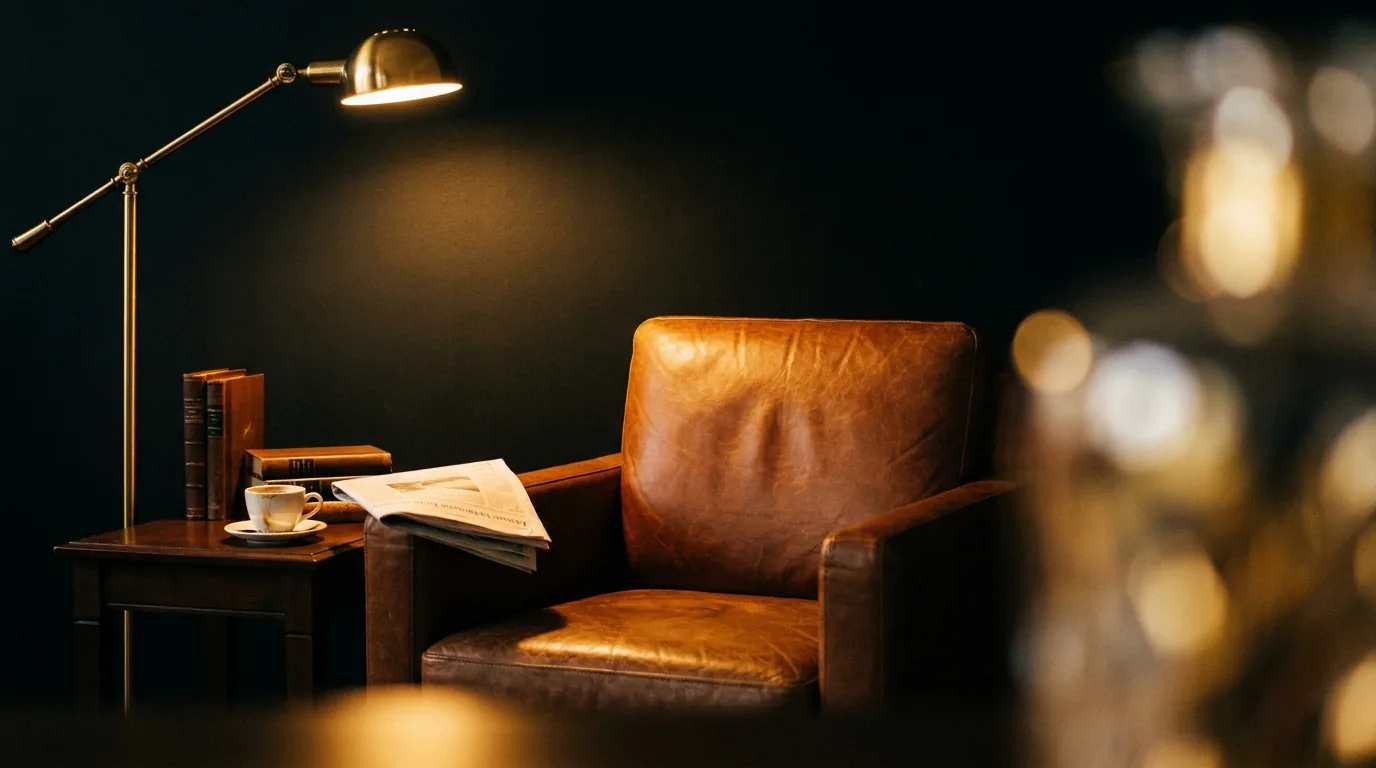 Fauteuil en cuir et lampe dans un cabinet feutré