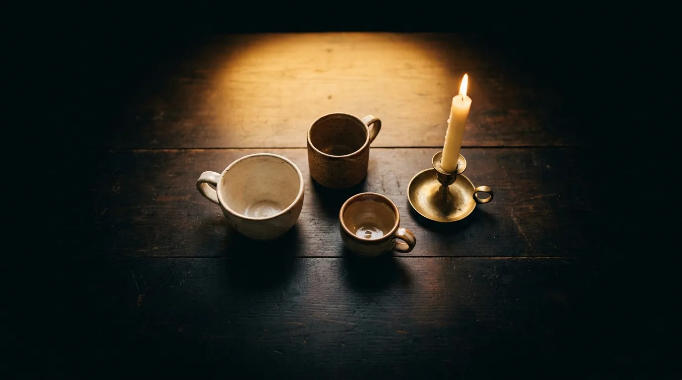 Table familiale en bois sombre avec tasses et bougie