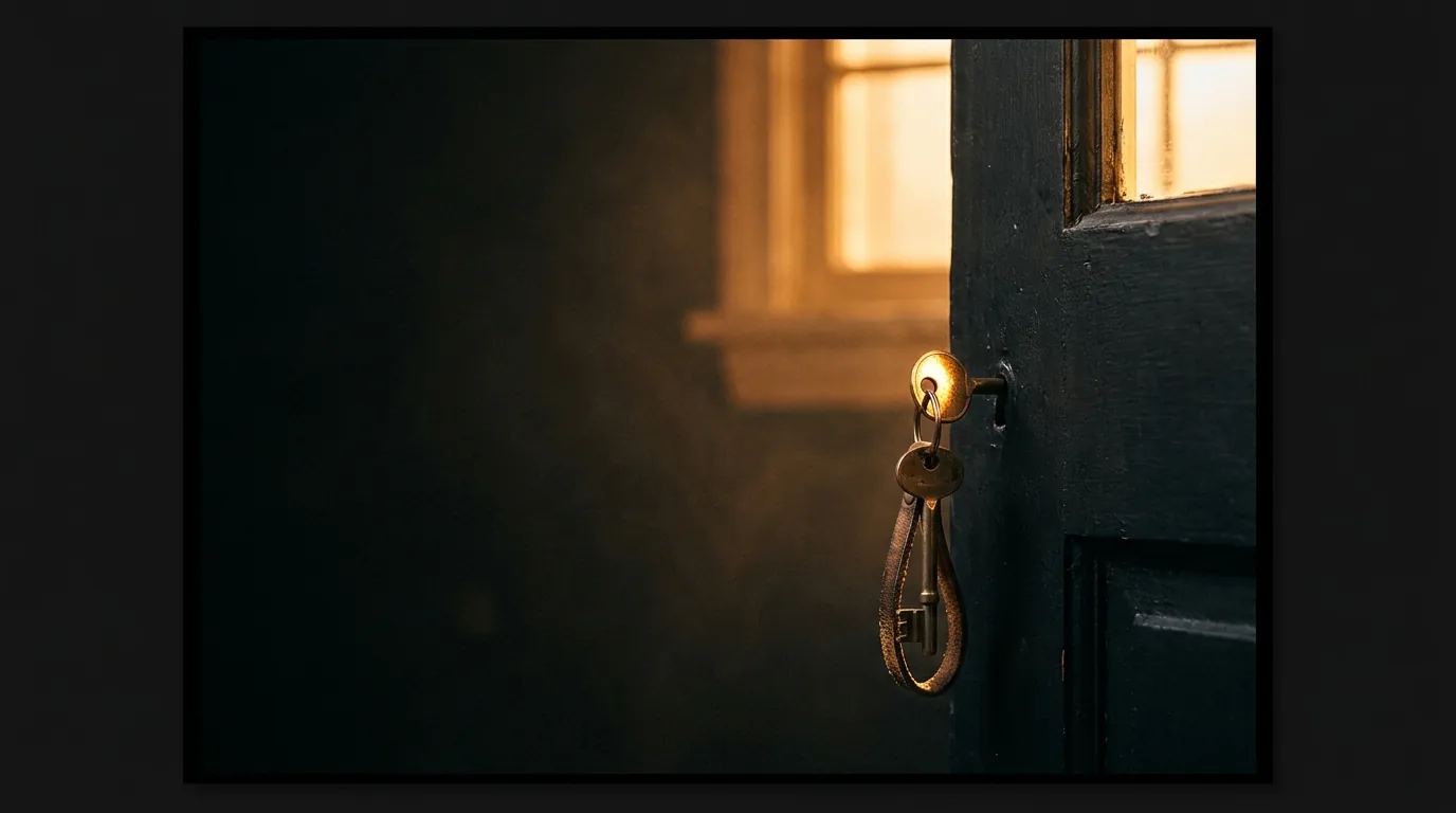 Clé en laiton sur porte sombre, lumière chaude