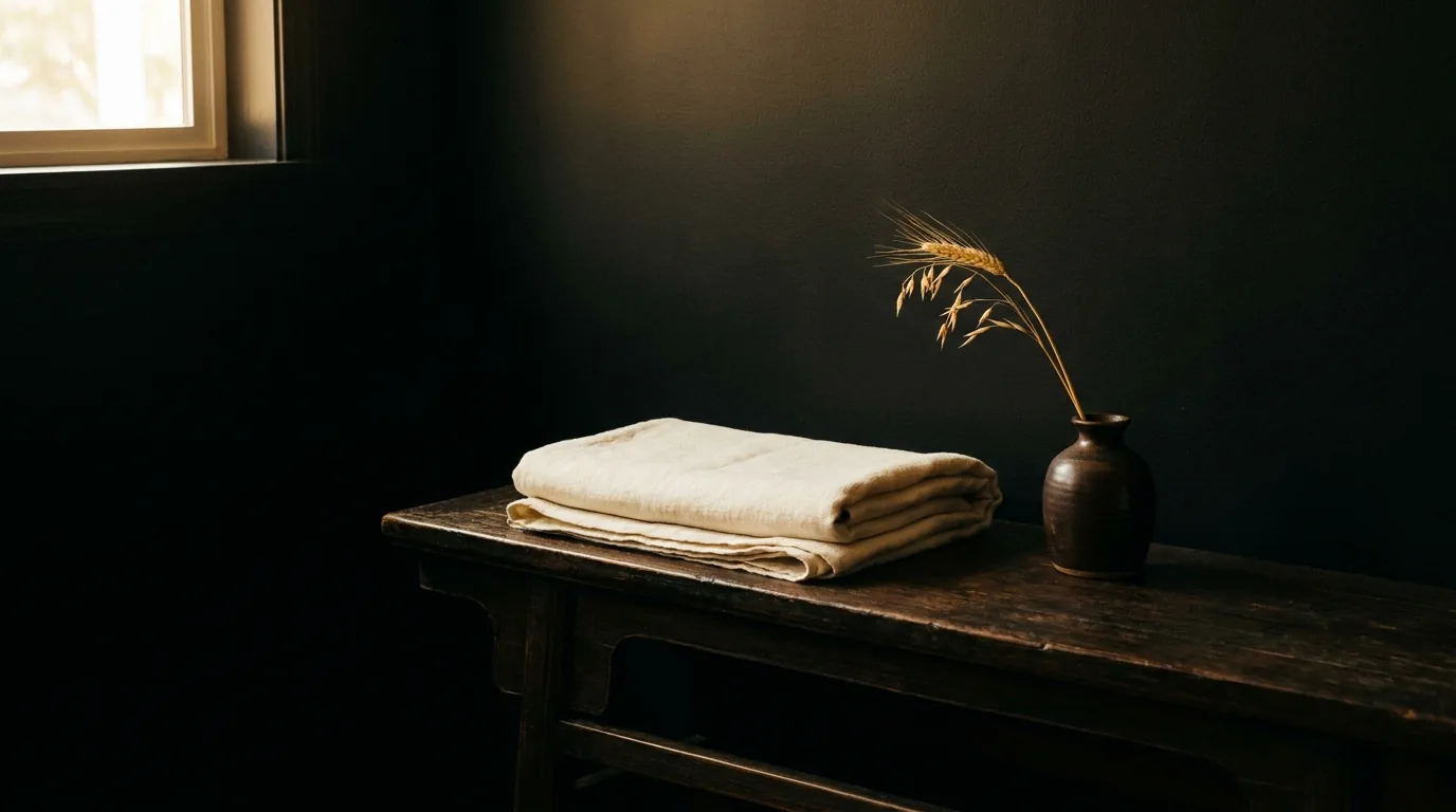 Couverture pliée et vase de blé sur surface sombre