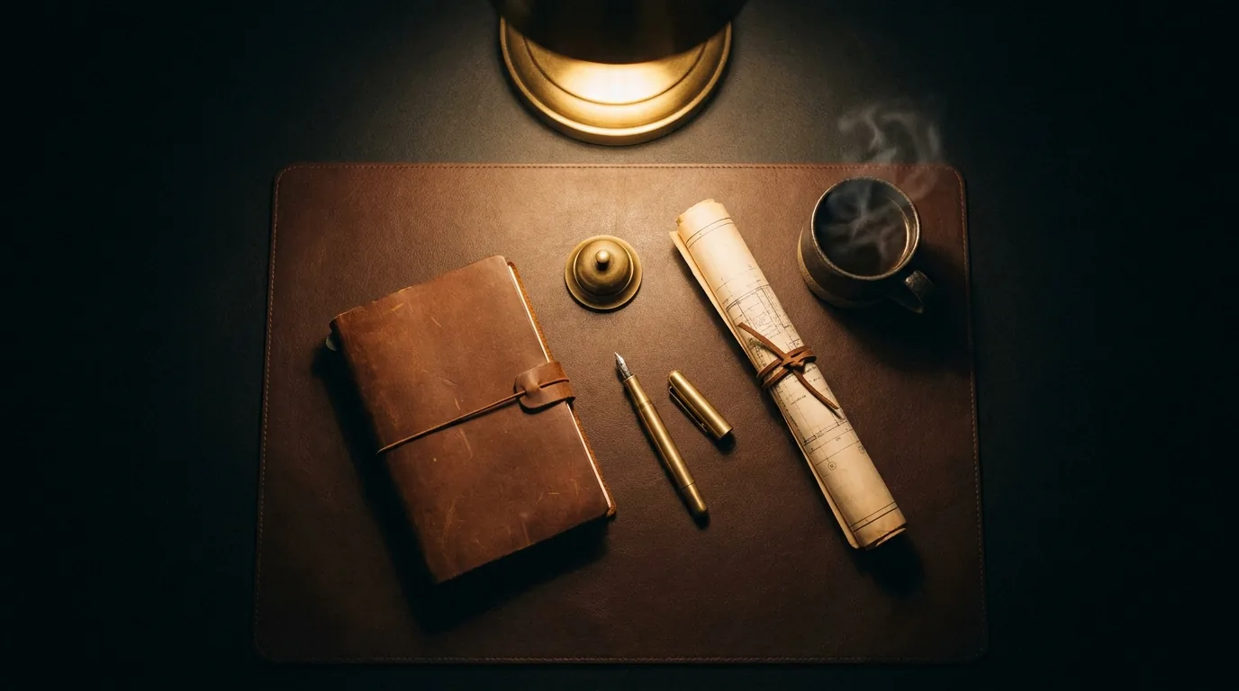 Bureau professionnel en cuir avec carnet, stylo et plans